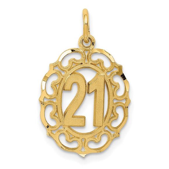 14k Yellow Gold Number 21 Oval Heart Accent Charm or Pendant 14mm